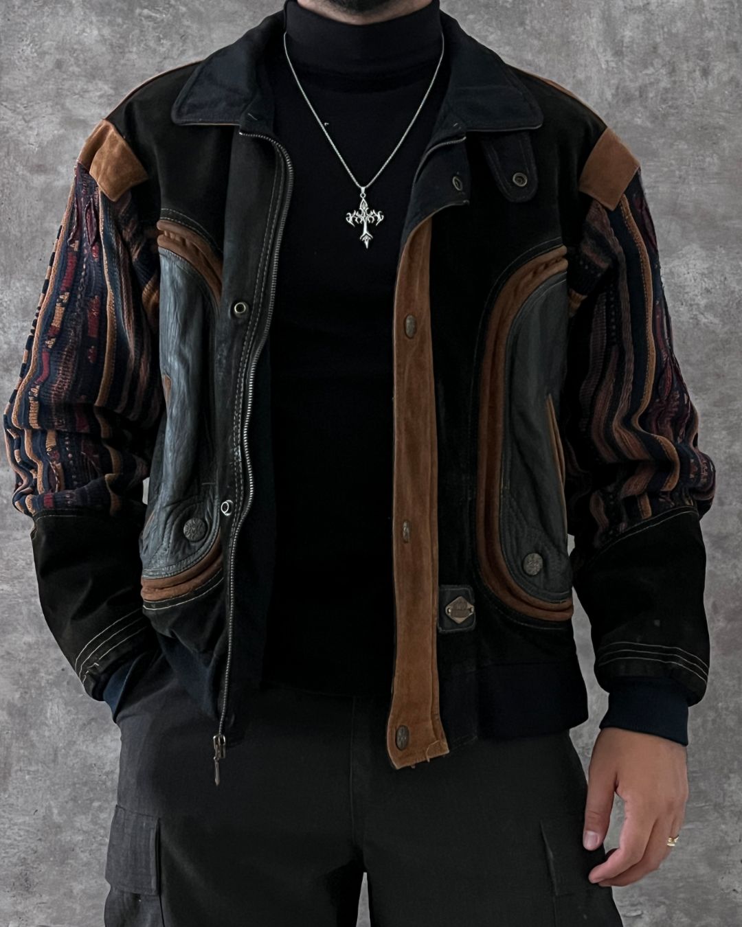BOMBER LEATHER JACKET ETHNIC TECHWEAR (L)