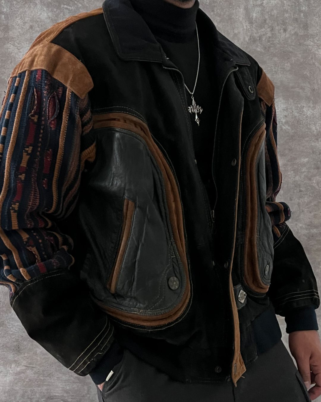 BOMBER LEATHER JACKET ETHNIC TECHWEAR (L)